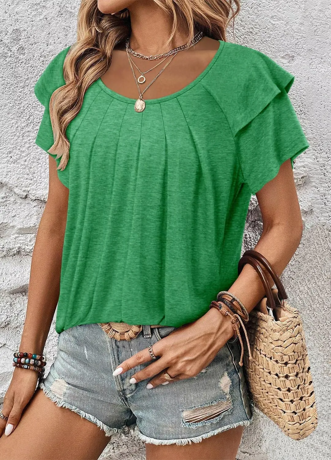 Magritta Women’s Shirts Dressy Casual Short Sleeve Blouses Loose Fit Pleated Front Summer Tunic Tops