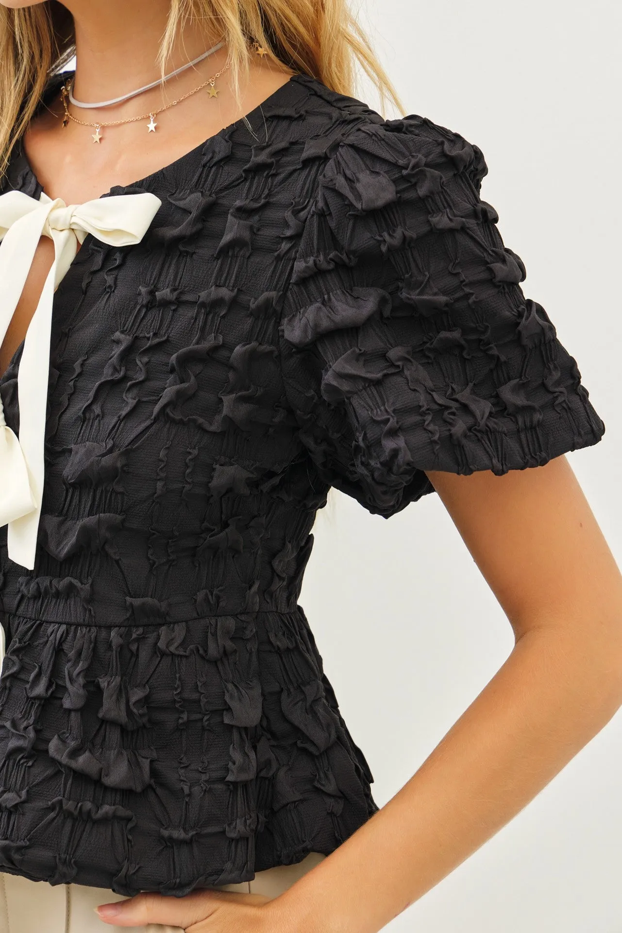Marley Short Sleeve Bow Tie Bubble Babydoll Top Black