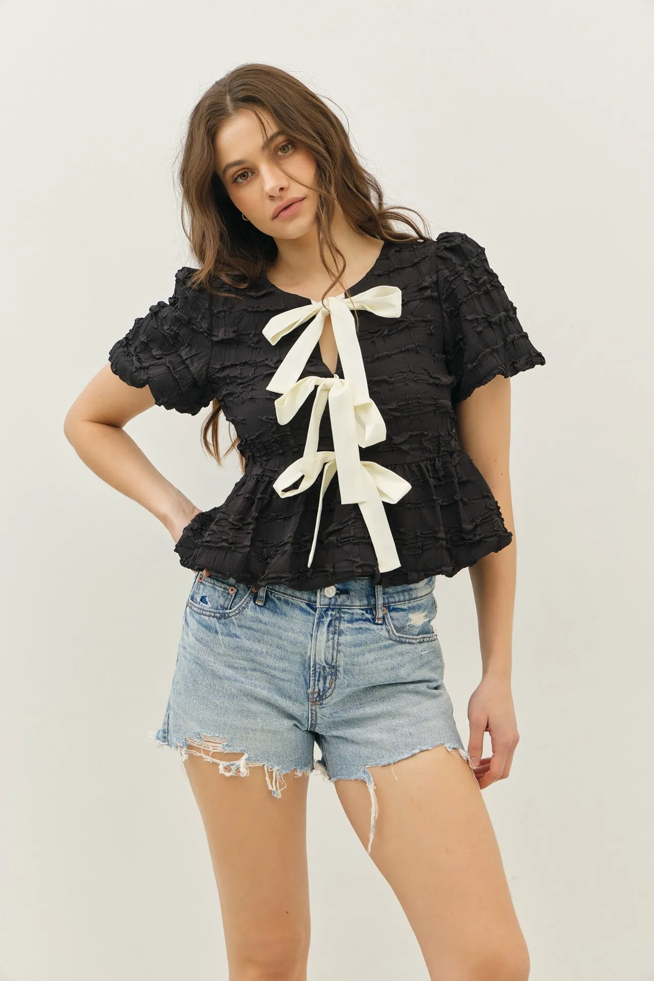 Marley Short Sleeve Bow Tie Bubble Babydoll Top Black