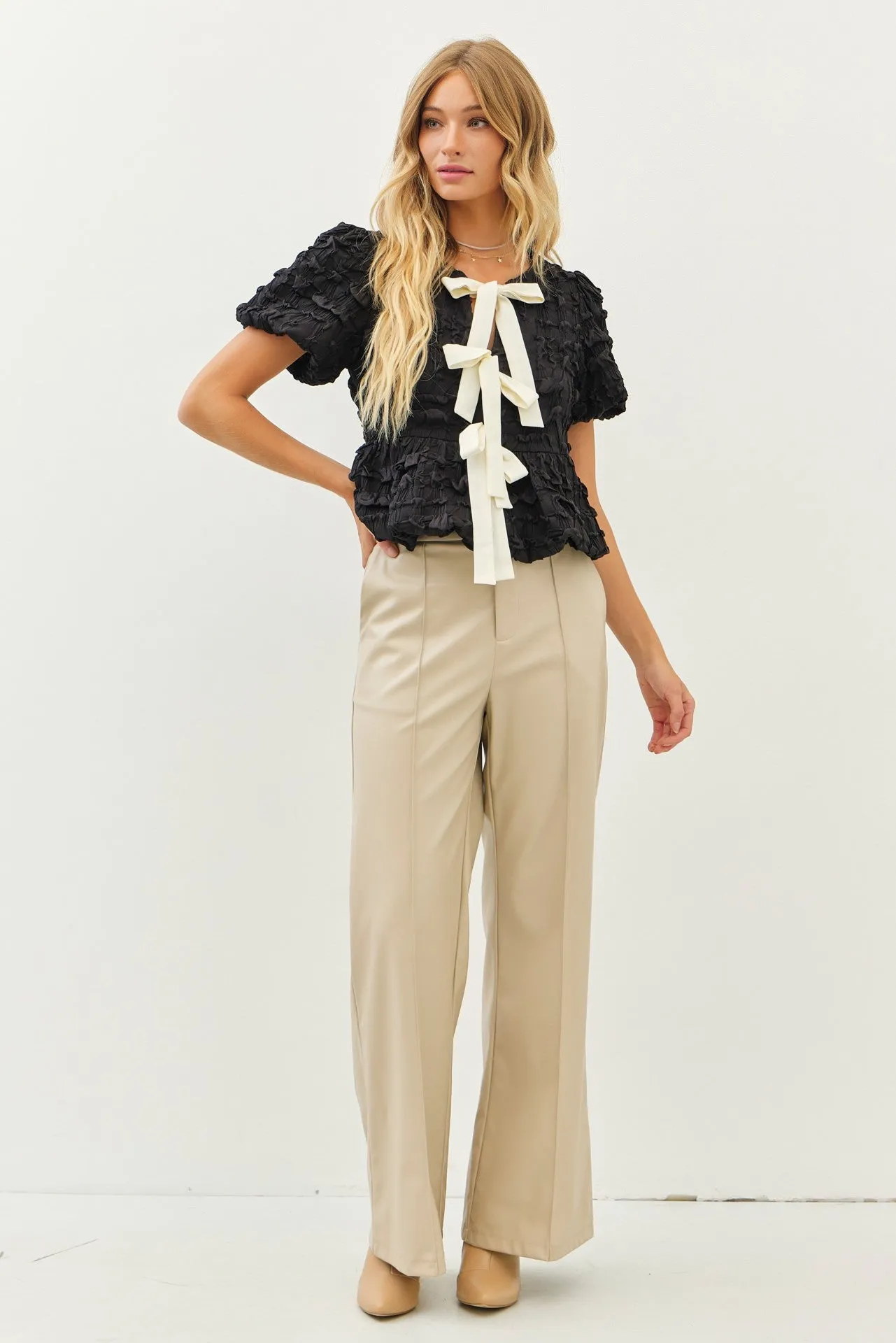 Marley Short Sleeve Bow Tie Bubble Babydoll Top Black