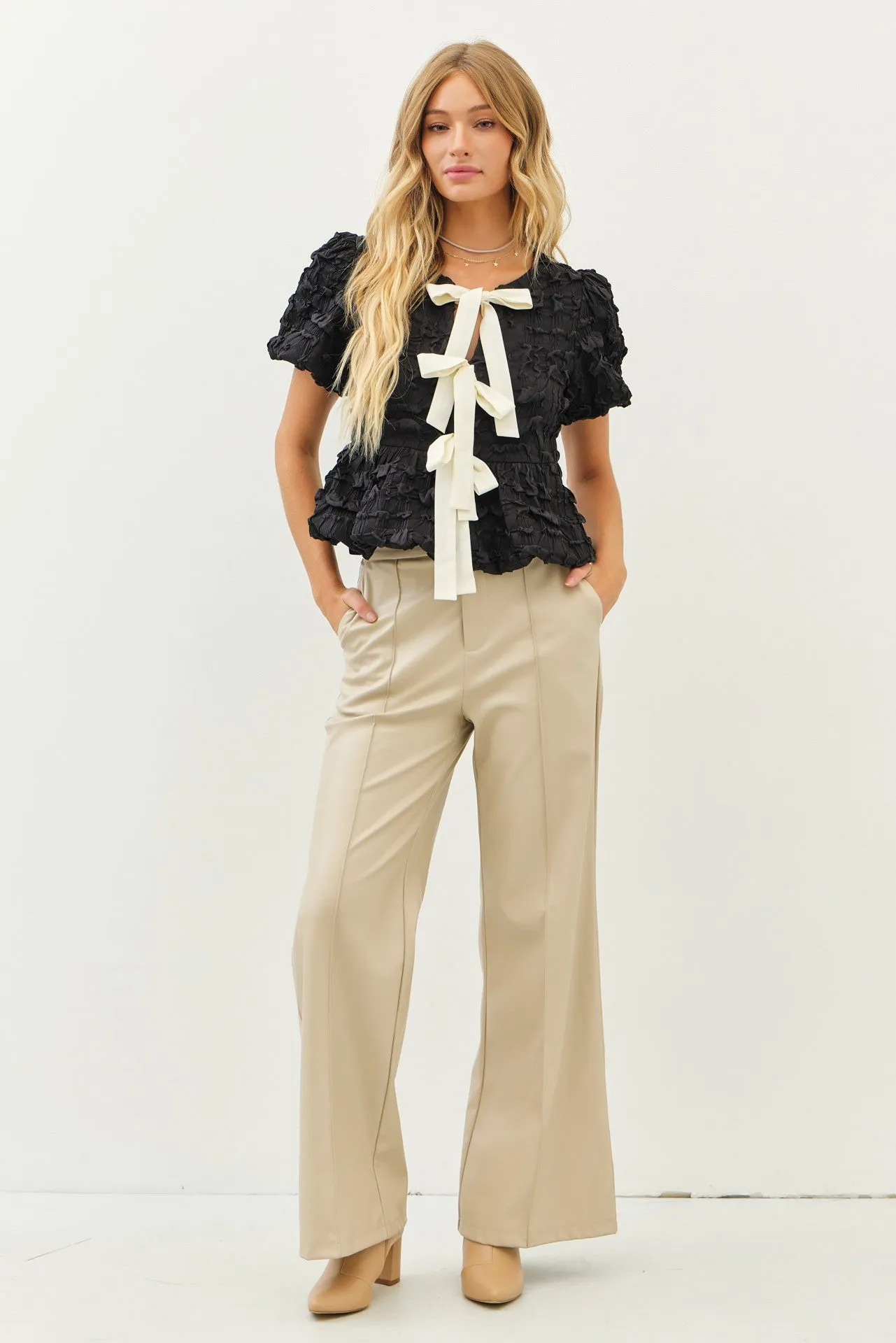 Marley Short Sleeve Bow Tie Bubble Babydoll Top Black