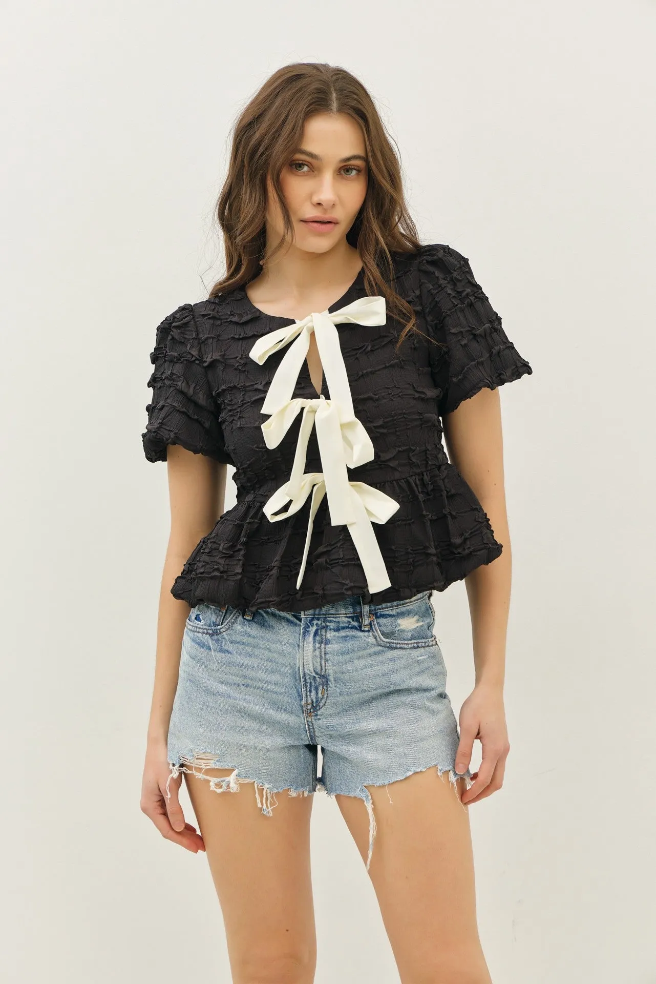 Marley Short Sleeve Bow Tie Bubble Babydoll Top Black
