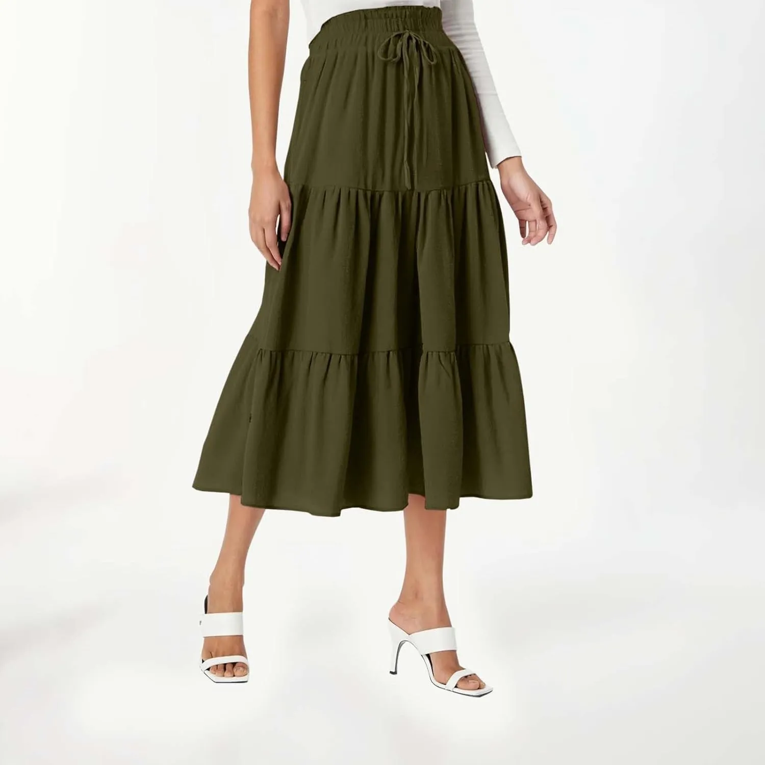 Maxi Skirt for Women Long Drawstring High Elastic Waist Ruffles A-Line Loose Solid Color Casual Midi Skirts Loungewear