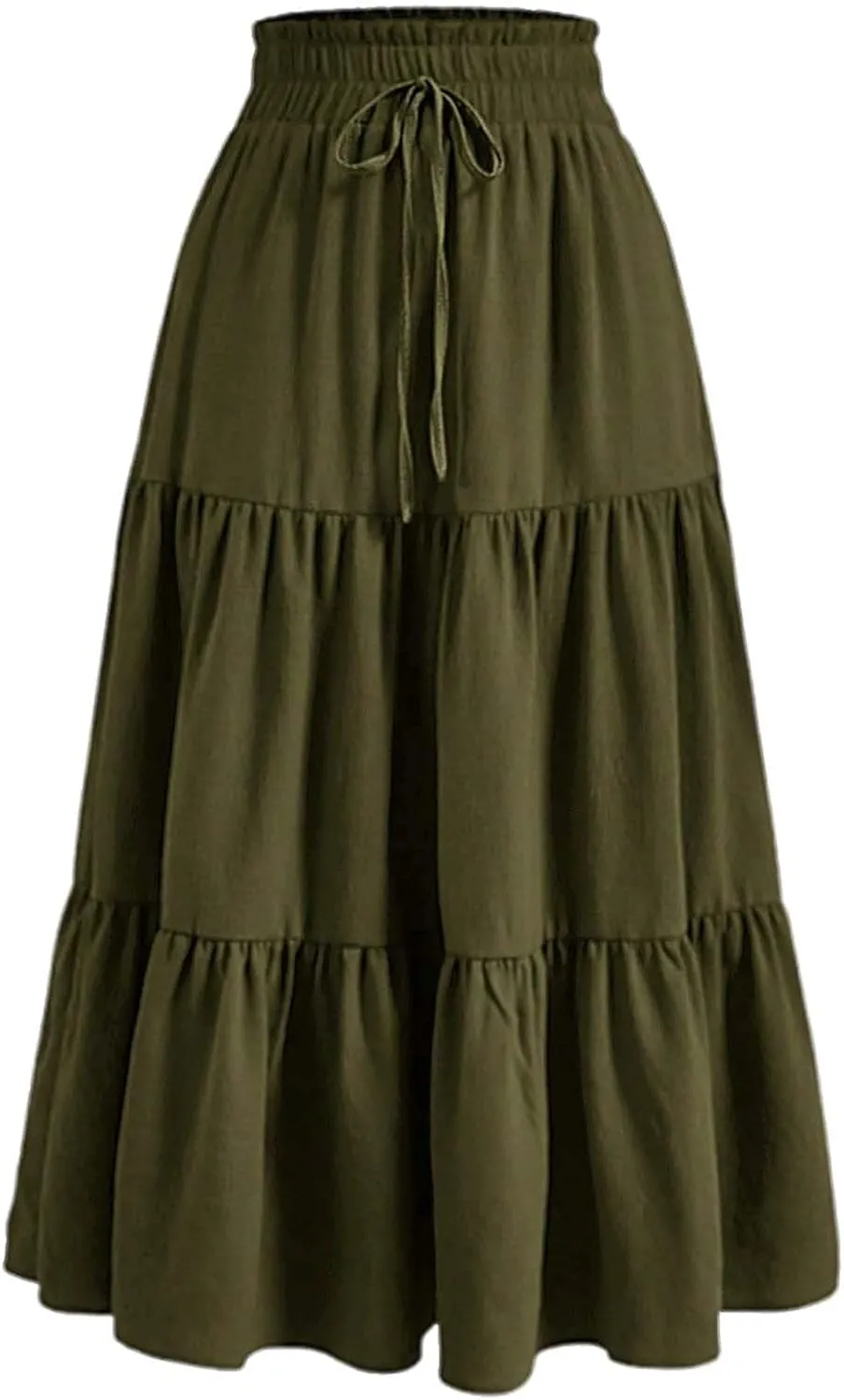 Maxi Skirt for Women Long Drawstring High Elastic Waist Ruffles A-Line Loose Solid Color Casual Midi Skirts Loungewear