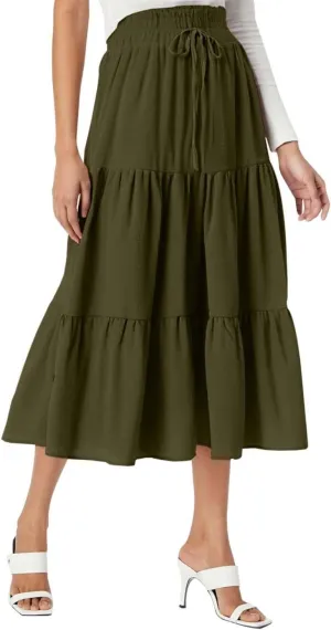 Maxi Skirt for Women Long Drawstring High Elastic Waist Ruffles A-Line Loose Solid Color Casual Midi Skirts Loungewear