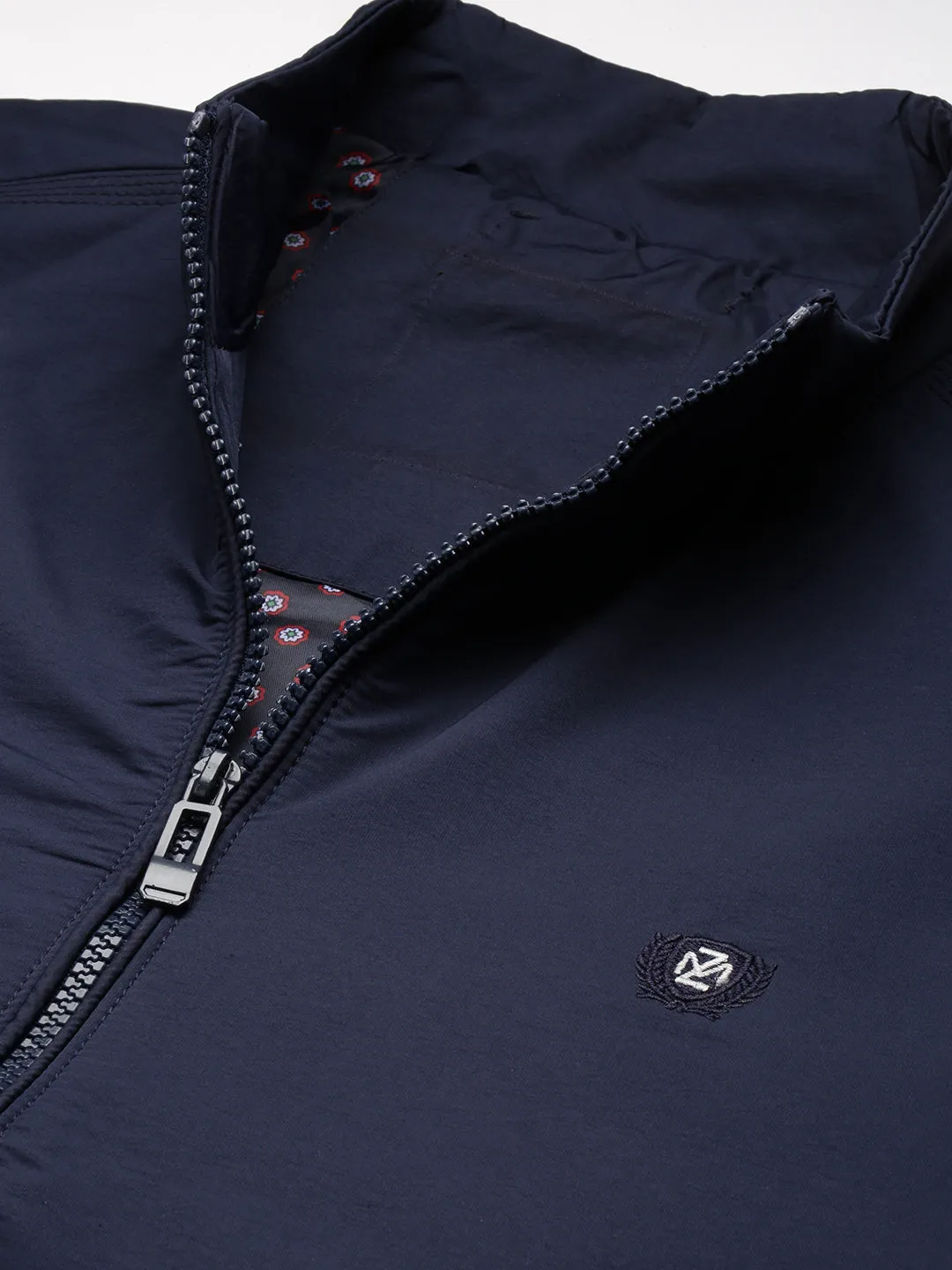 Men Mock Collar Navy Blue Classic Bomber Jacket