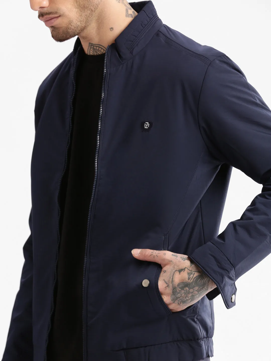 Men Mock Collar Navy Blue Classic Bomber Jacket