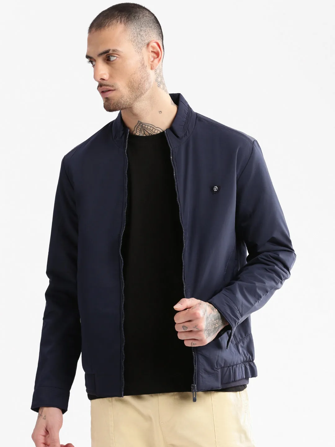 Men Mock Collar Navy Blue Classic Bomber Jacket