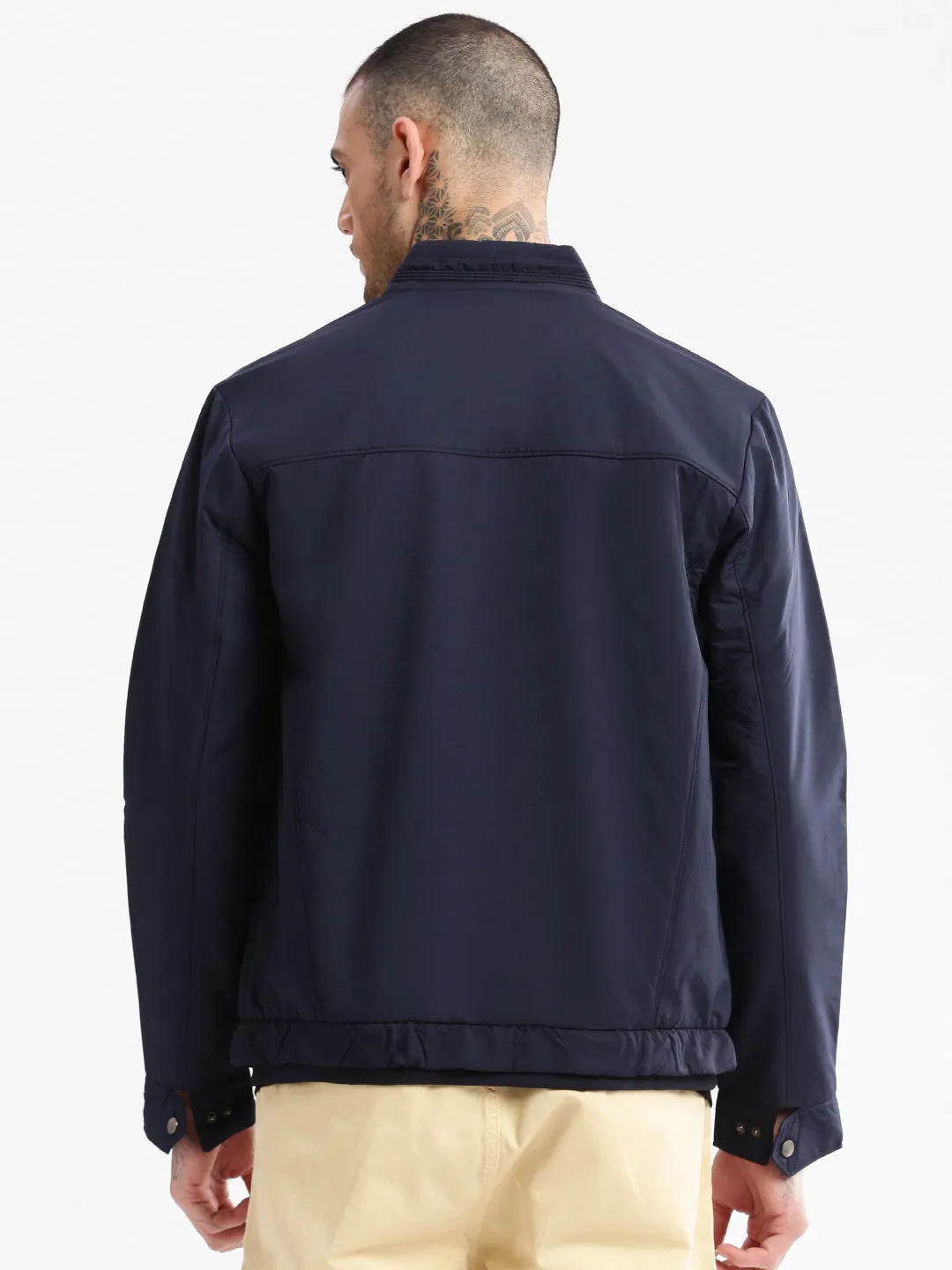 Men Mock Collar Navy Blue Classic Bomber Jacket