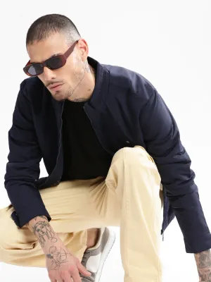 Men Mock Collar Navy Blue Classic Bomber Jacket