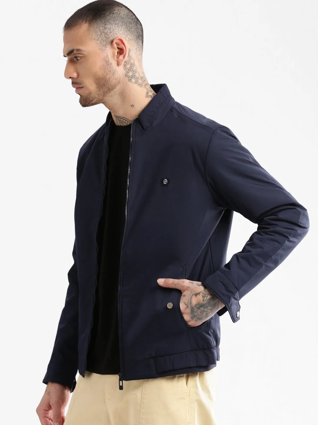 Men Mock Collar Navy Blue Classic Bomber Jacket