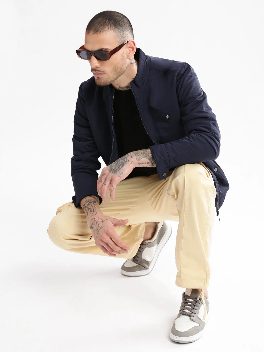 Men Mock Collar Navy Blue Classic Bomber Jacket