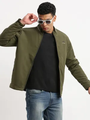 Men Mock Collar Olive Solid Windcheater Bomber Jacket
