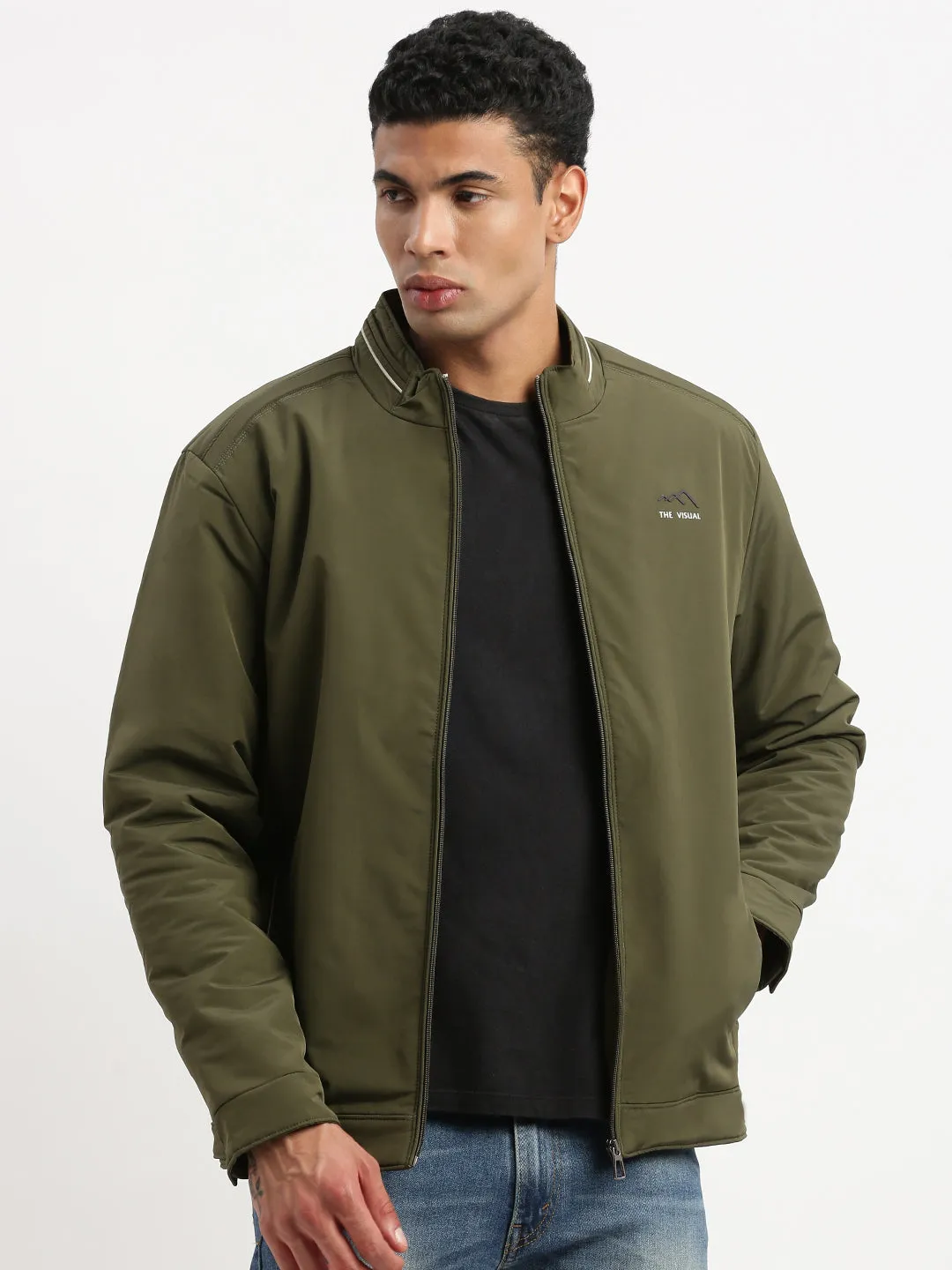 Men Mock Collar Olive Solid Windcheater Bomber Jacket