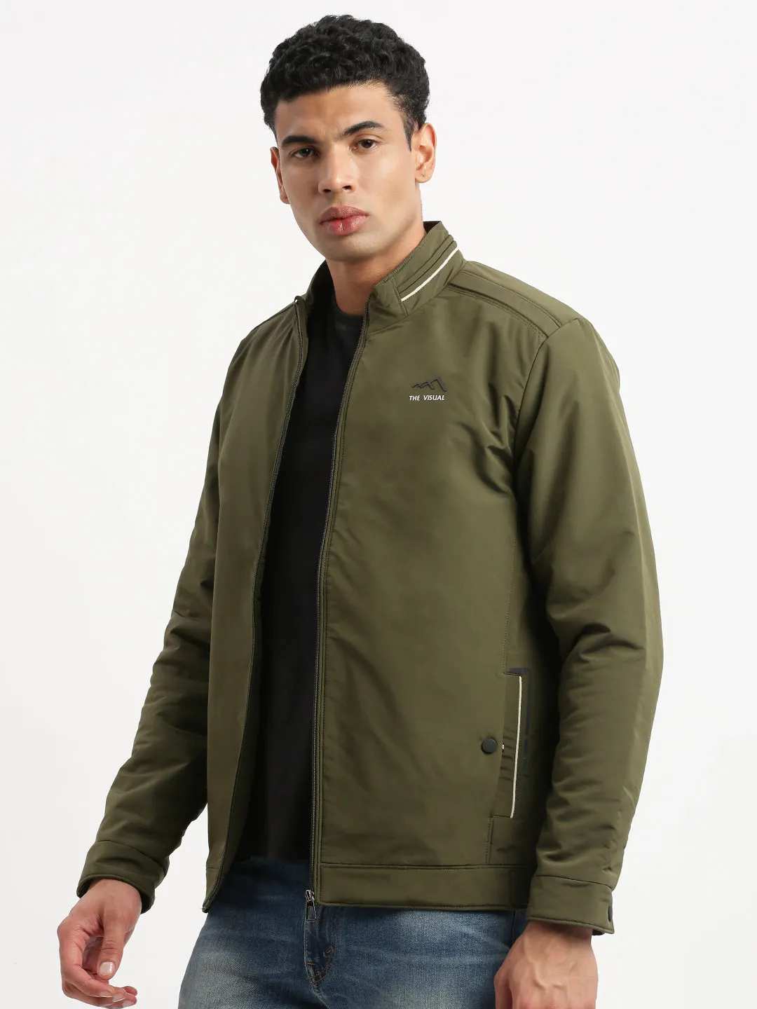 Men Mock Collar Olive Solid Windcheater Bomber Jacket