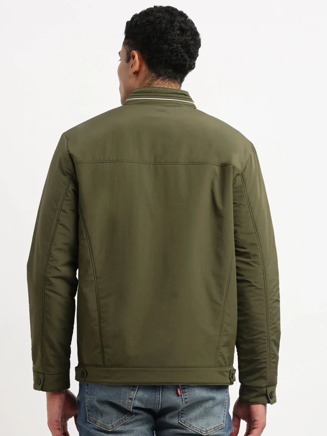 Men Mock Collar Olive Solid Windcheater Bomber Jacket
