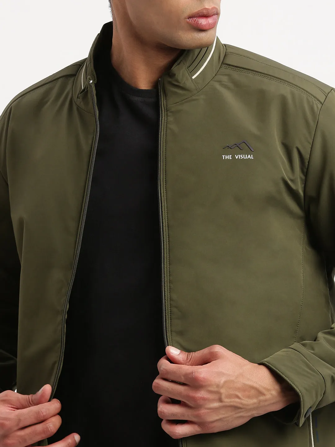 Men Mock Collar Olive Solid Windcheater Bomber Jacket