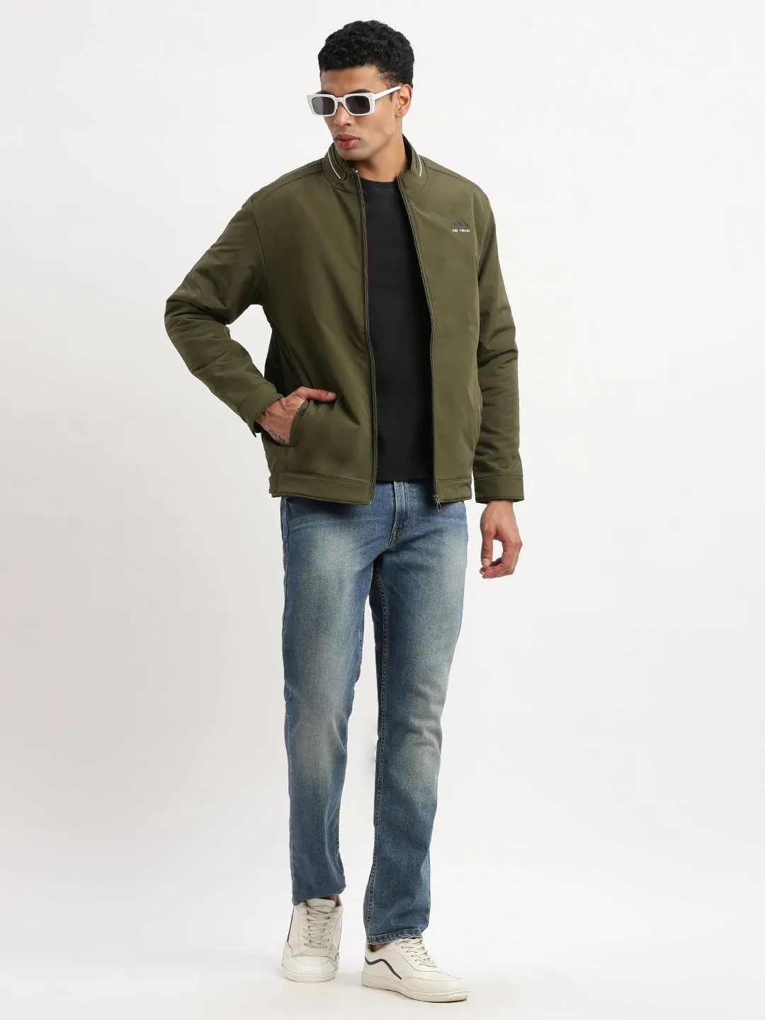 Men Mock Collar Olive Solid Windcheater Bomber Jacket
