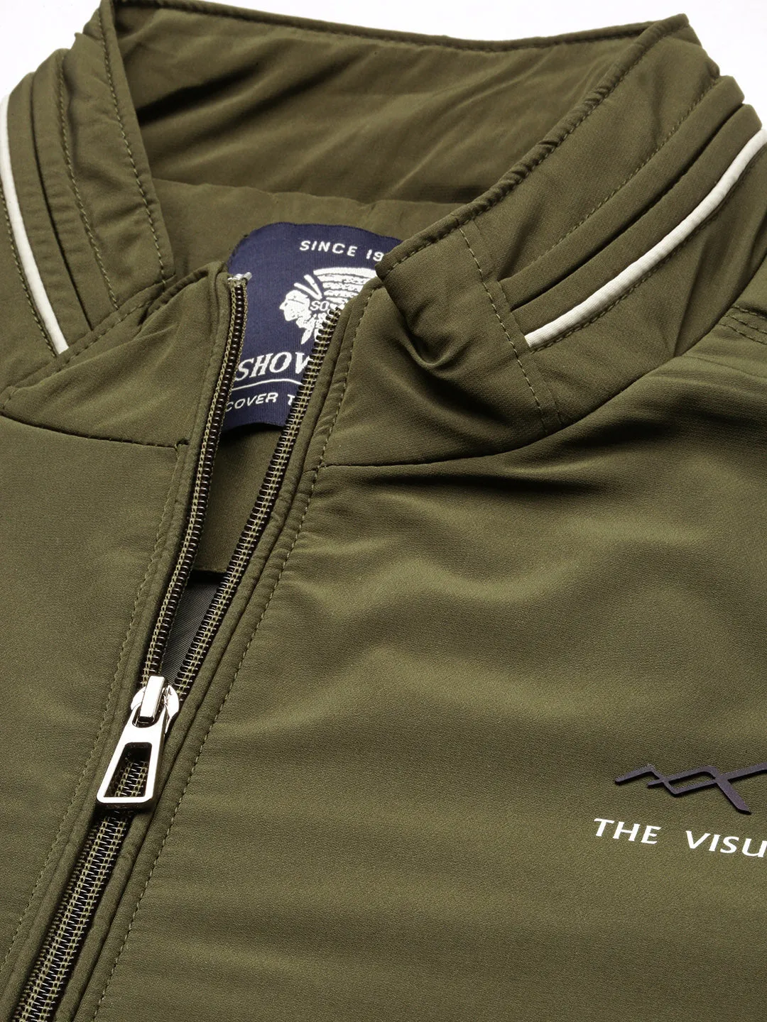 Men Mock Collar Olive Solid Windcheater Bomber Jacket