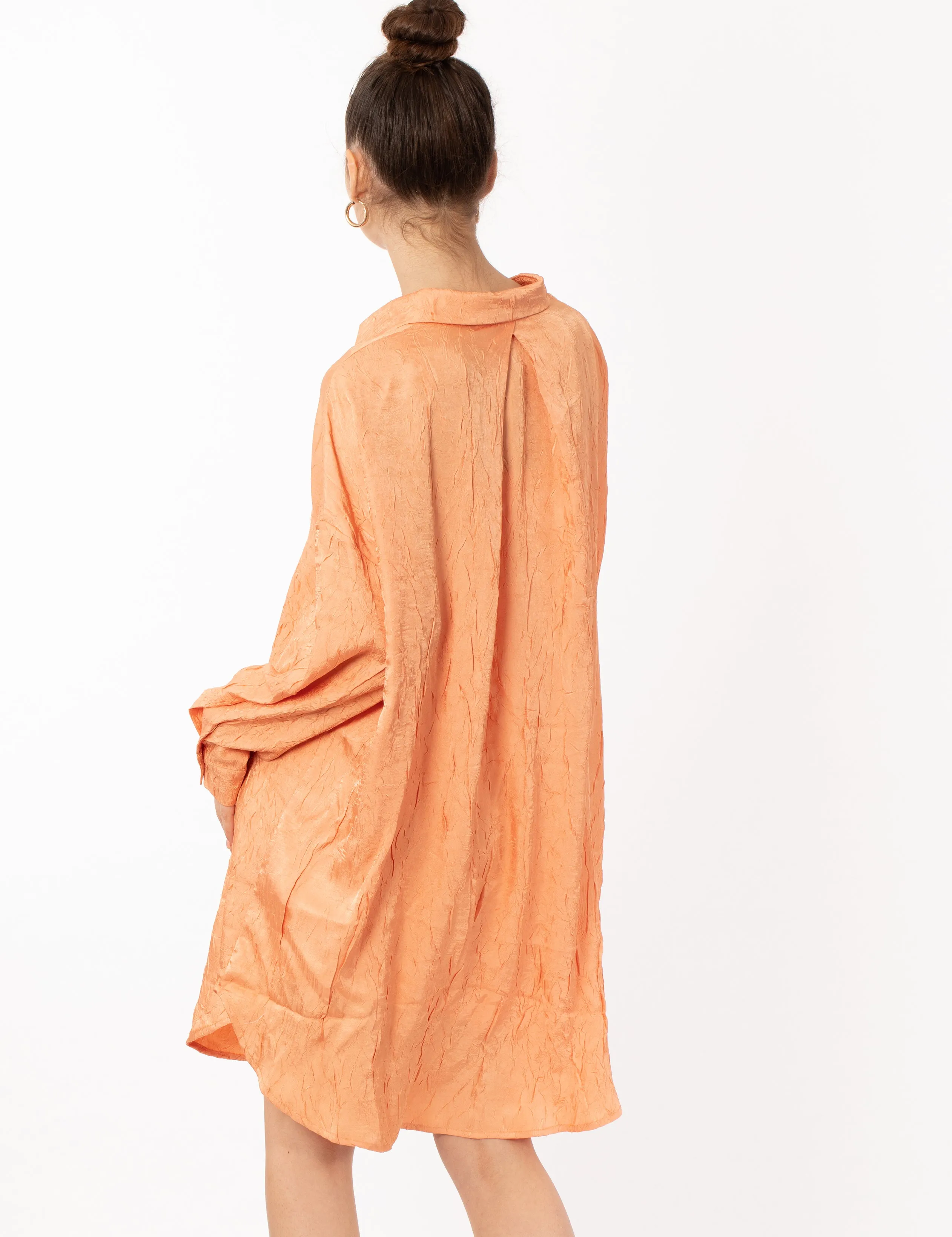 Oversized long shirt dress in textured jacquard design fabric orange color
