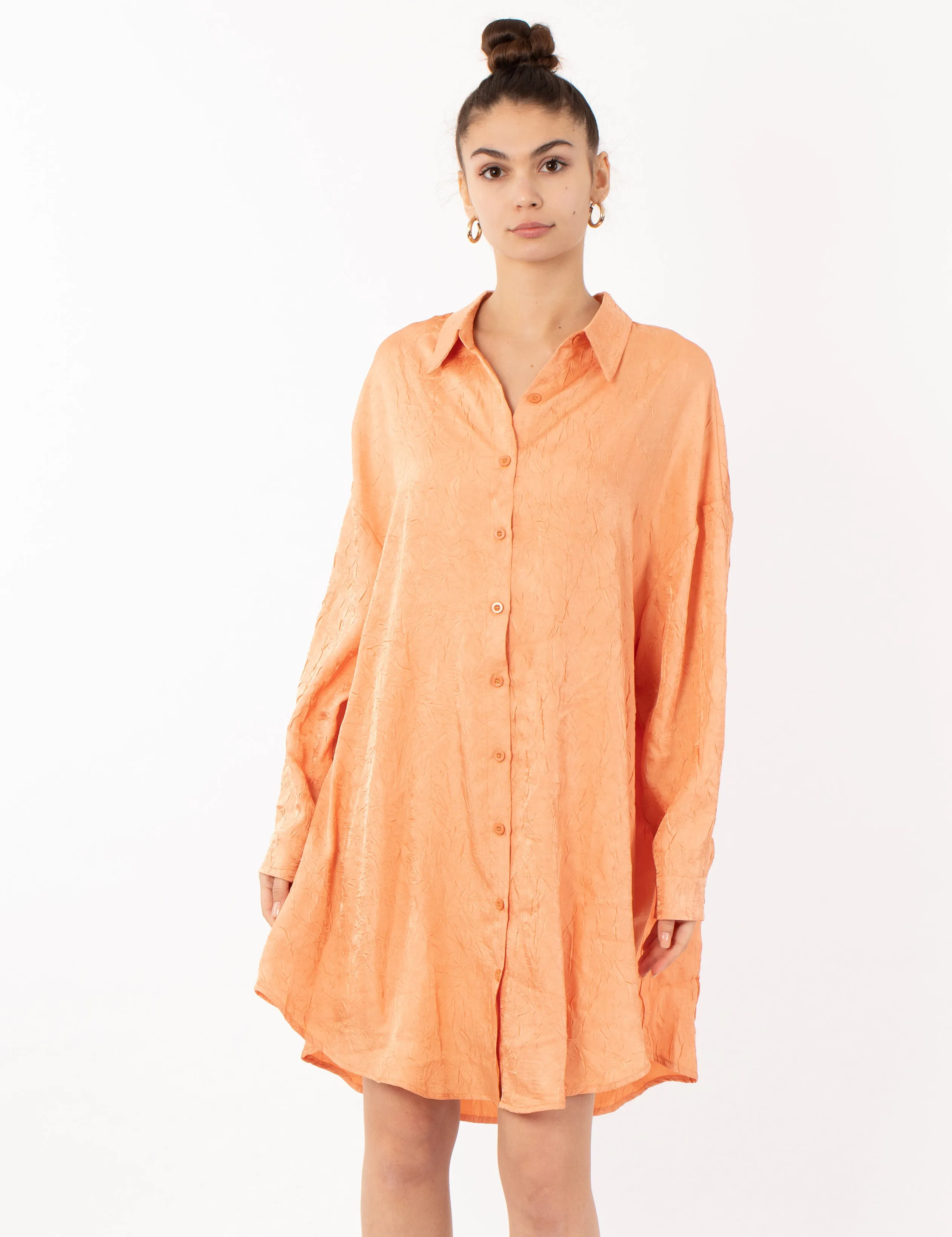 Oversized long shirt dress in textured jacquard design fabric orange color