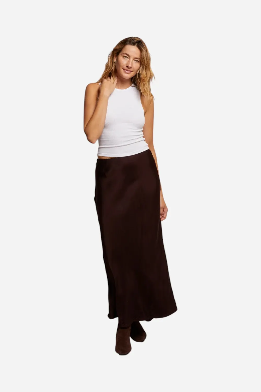 Perfect White Tee Genevieve Satin Bias Skirt in Blackberry