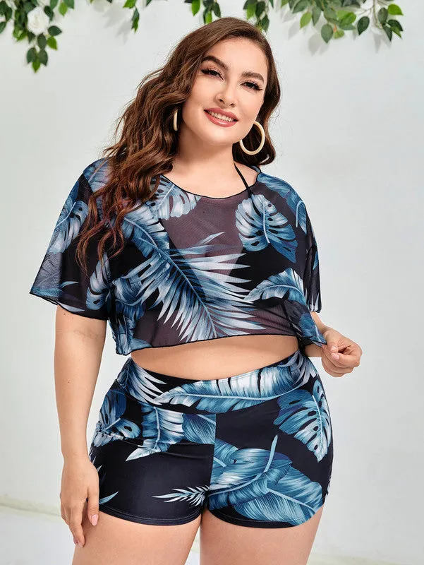 Plus 3pack Blue Tropical Print Halter Triangle Bikini Swimsuit