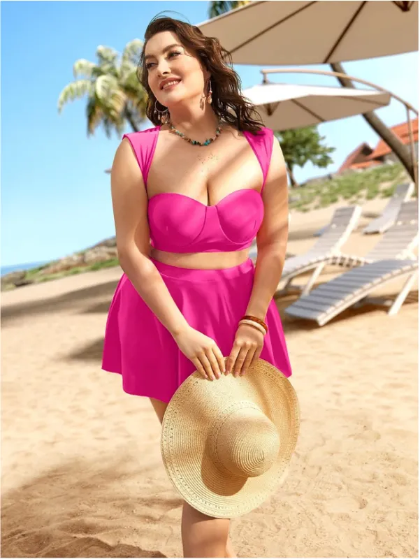 Plus Cut-out Underwire Bikini Swimsuit With Beach Skirt Pink