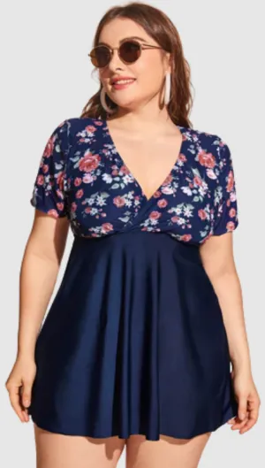 Plus Floral Flounce Bikini Swimsuit Blue