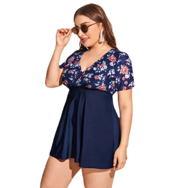 Plus Floral Flounce Bikini Swimsuit Blue
