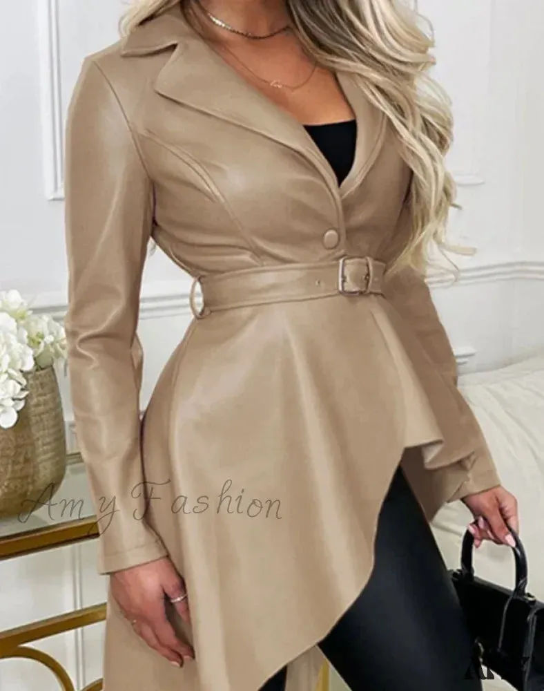 Punk Suit Summer Autumn Casual PU Leather Asymmetric Dip Hem Notched Collar Jacket