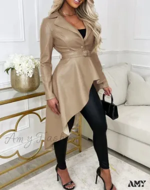 Punk Suit Summer Autumn Casual PU Leather Asymmetric Dip Hem Notched Collar Jacket