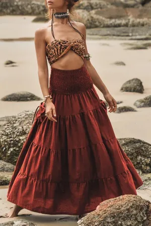 Red Dahlia Smocked Waist Bohemian Tiered Maxi Skirt
