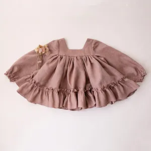 Rose Smoke Linen Long Sleeve Ruffled Hem Top