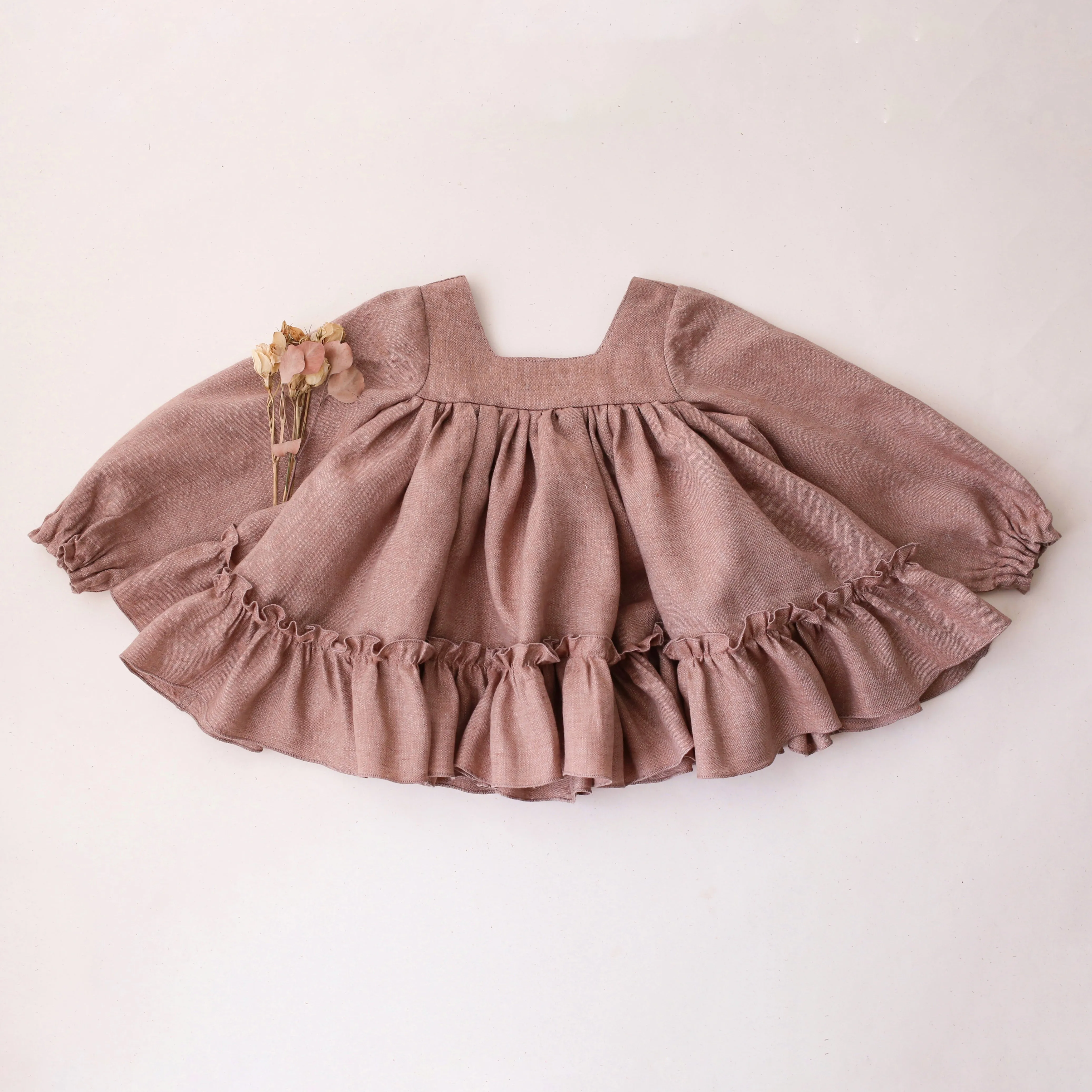 Rose Smoke Linen Long Sleeve Ruffled Hem Top