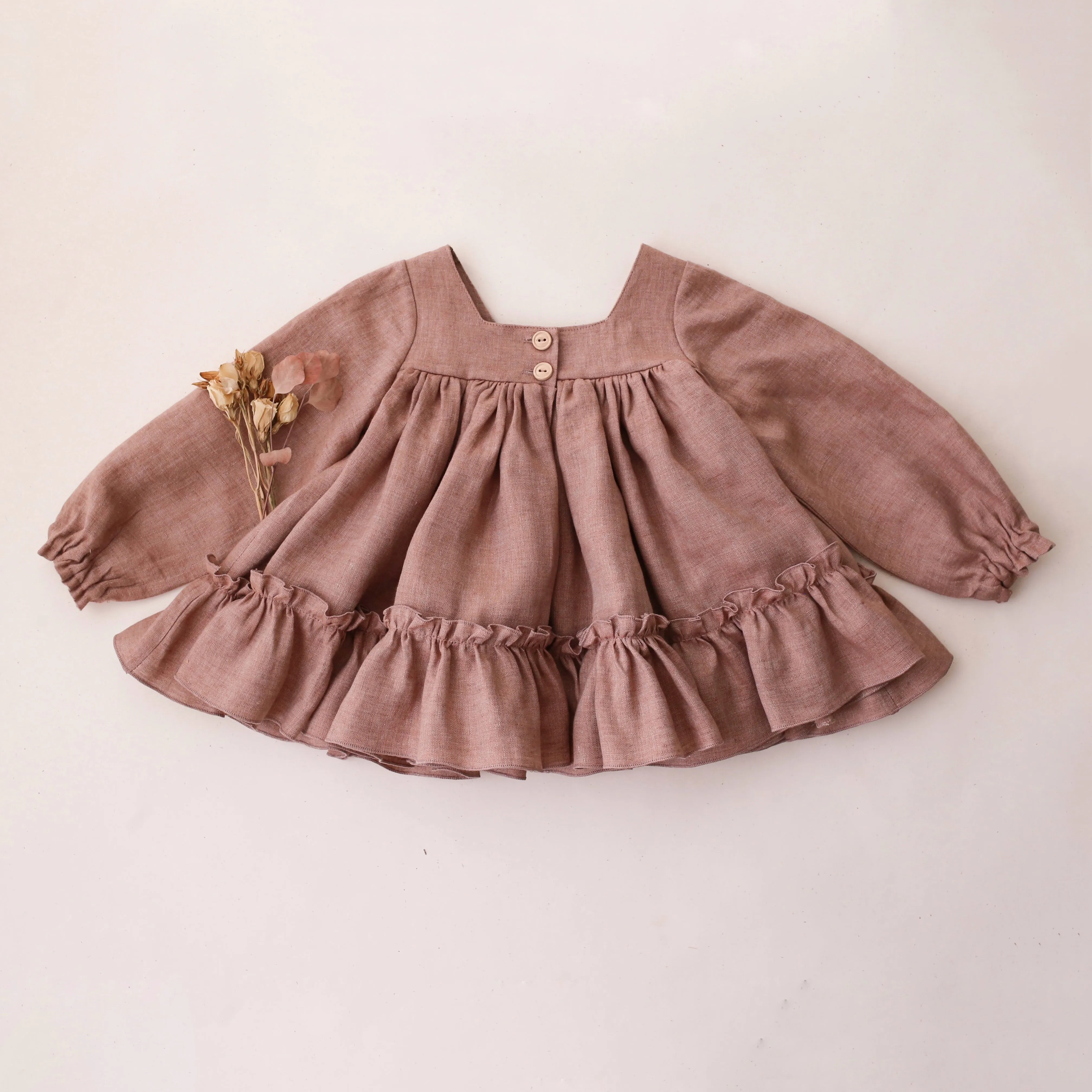 Rose Smoke Linen Long Sleeve Ruffled Hem Top