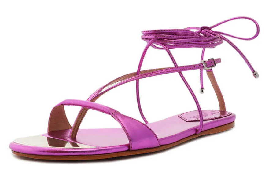 Schutz Vikki Flat Bright Violet T-Strap Ankle Strap Lace up Open Toe Flat Sandal
