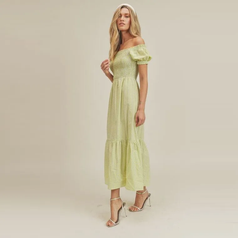 Smocked Gingham Midi Dress (Celery Green)