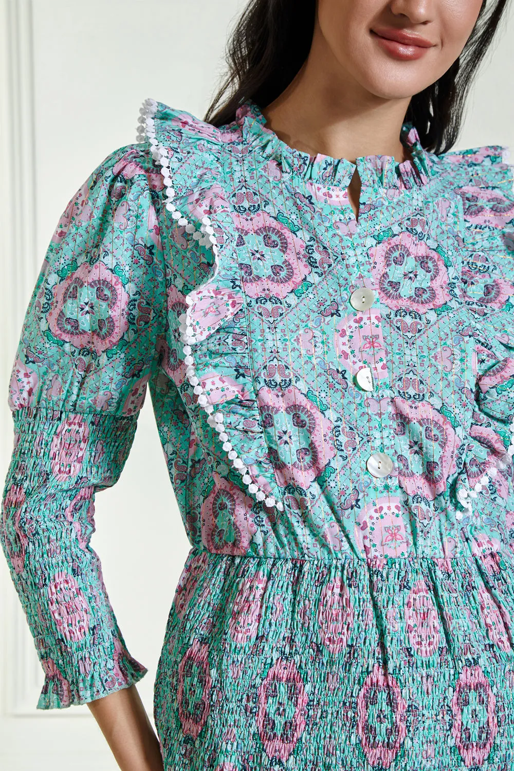 Smocked Waist Ruffled Printed Blouse