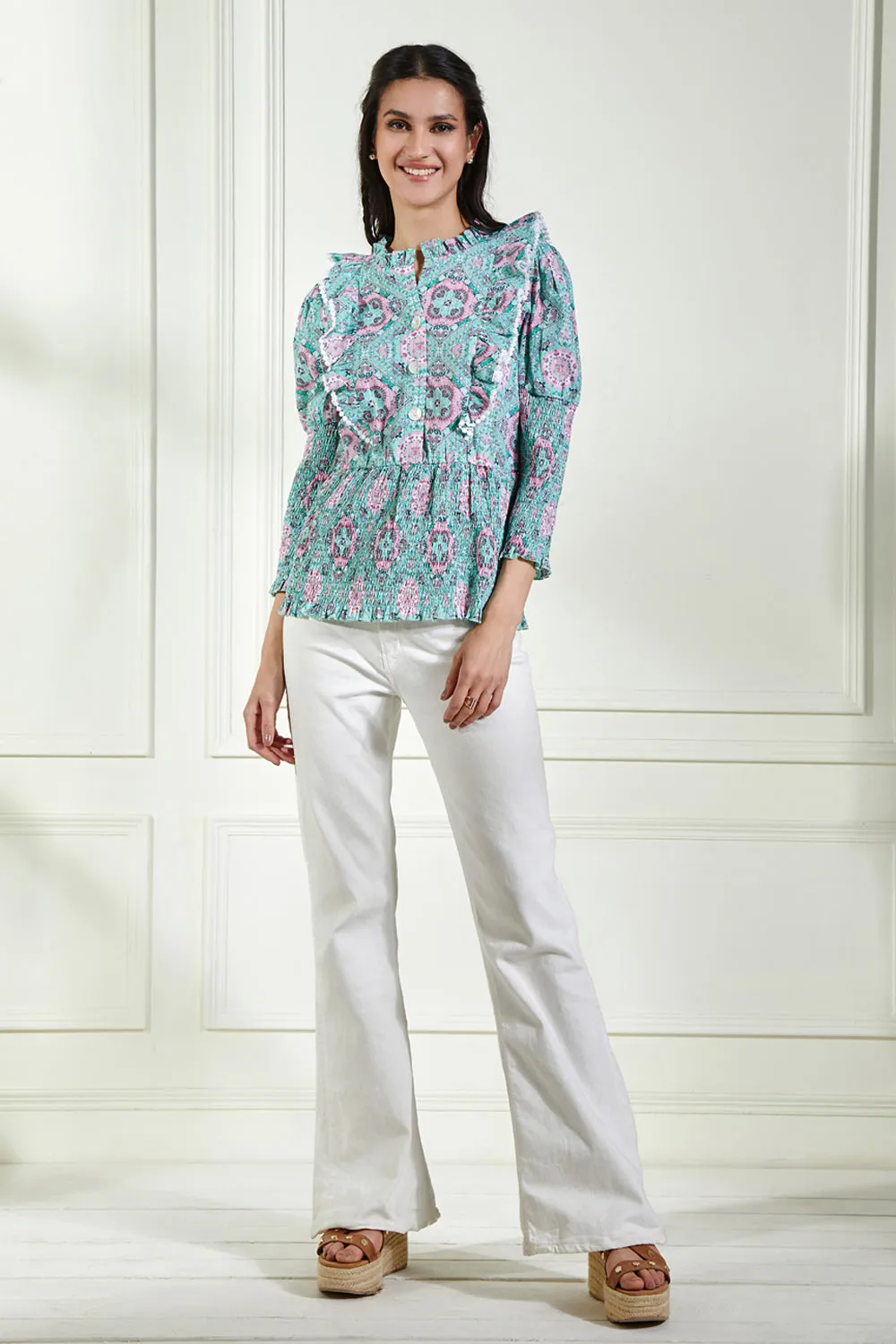 Smocked Waist Ruffled Printed Blouse