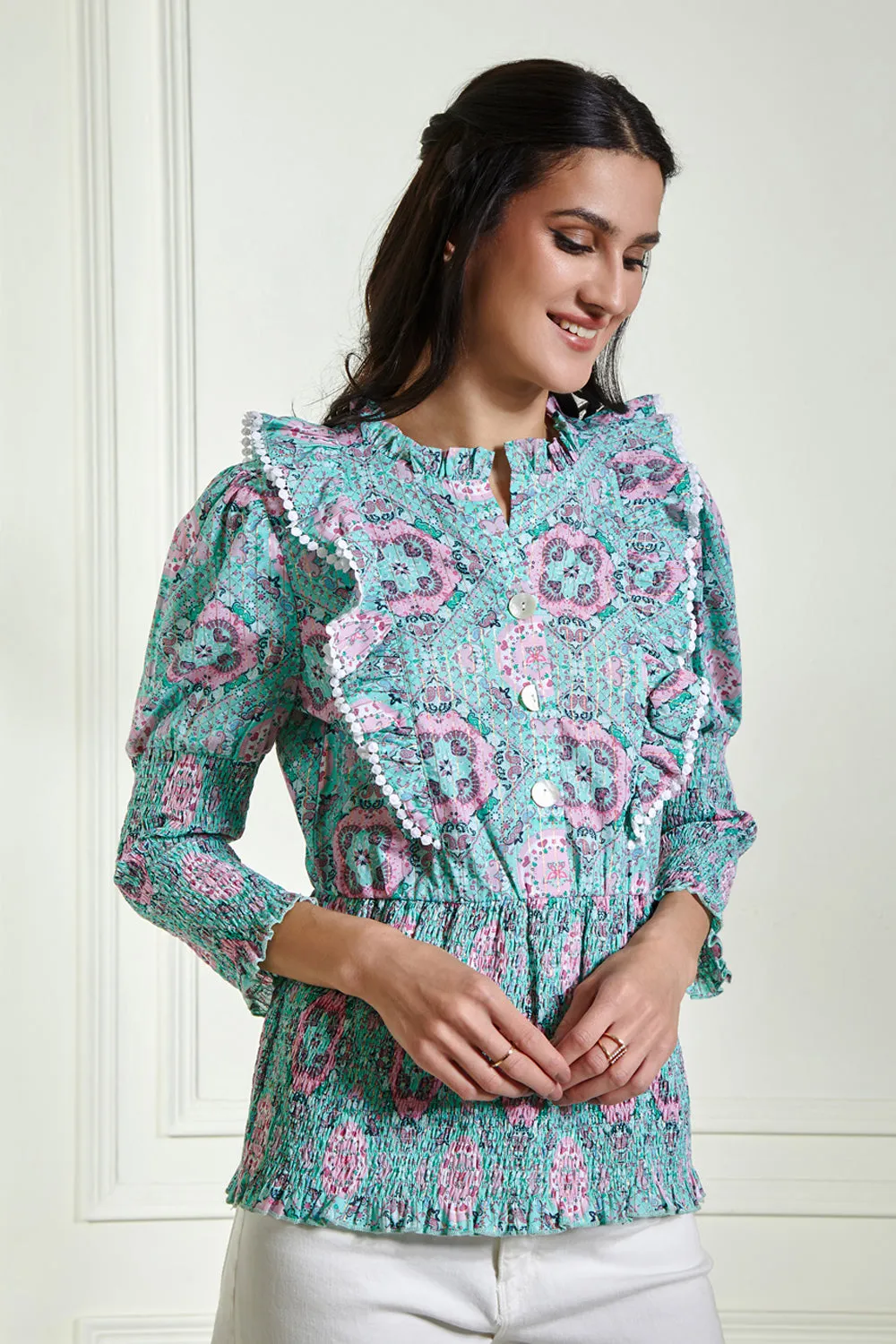 Smocked Waist Ruffled Printed Blouse