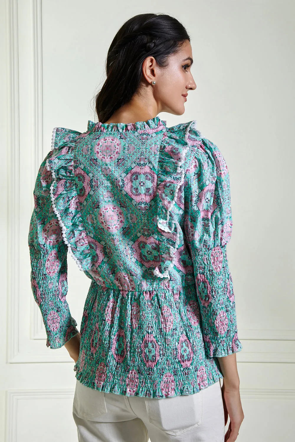 Smocked Waist Ruffled Printed Blouse