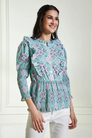 Smocked Waist Ruffled Printed Blouse