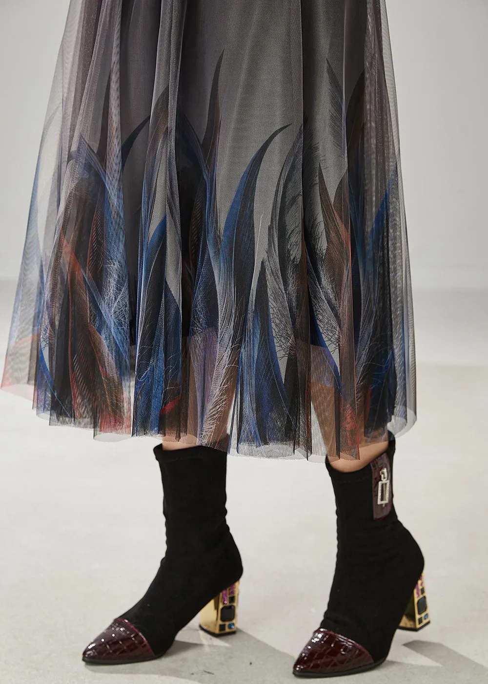 Stylish Grey Feather Print Tulle Skirts Summer YU1017