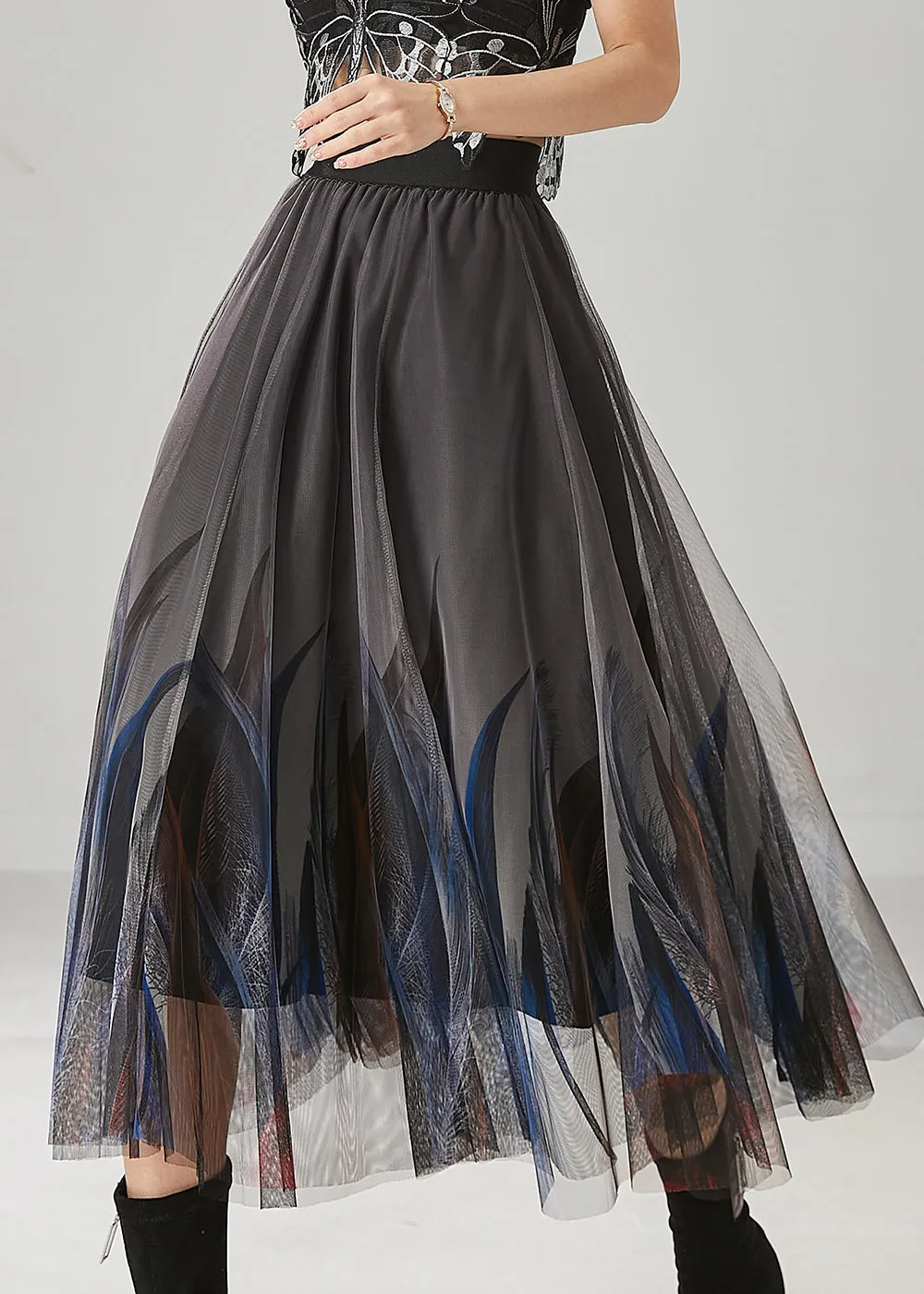 Stylish Grey Feather Print Tulle Skirts Summer YU1017