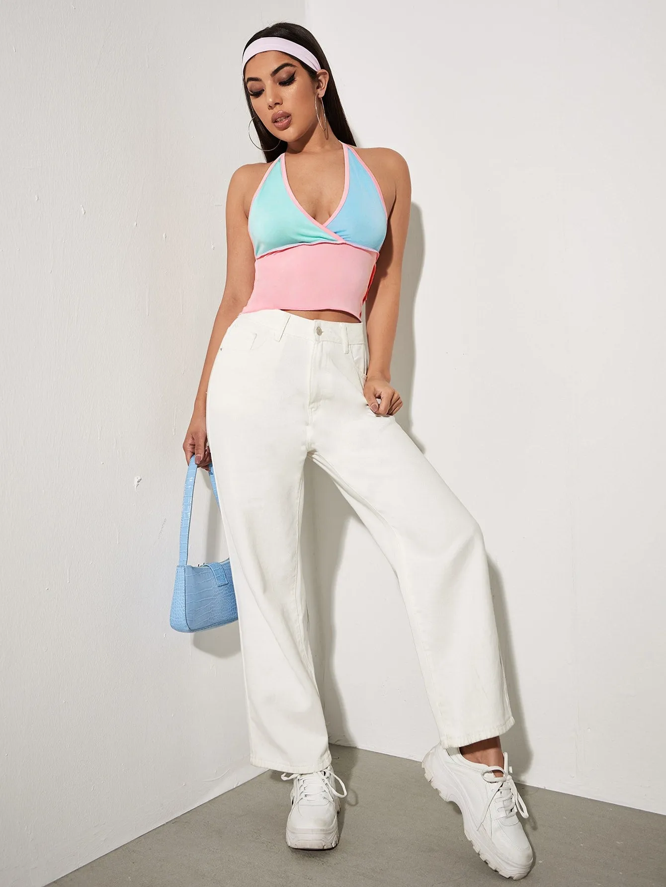 Tie Back Contrast Binding Colourblock Halter Top