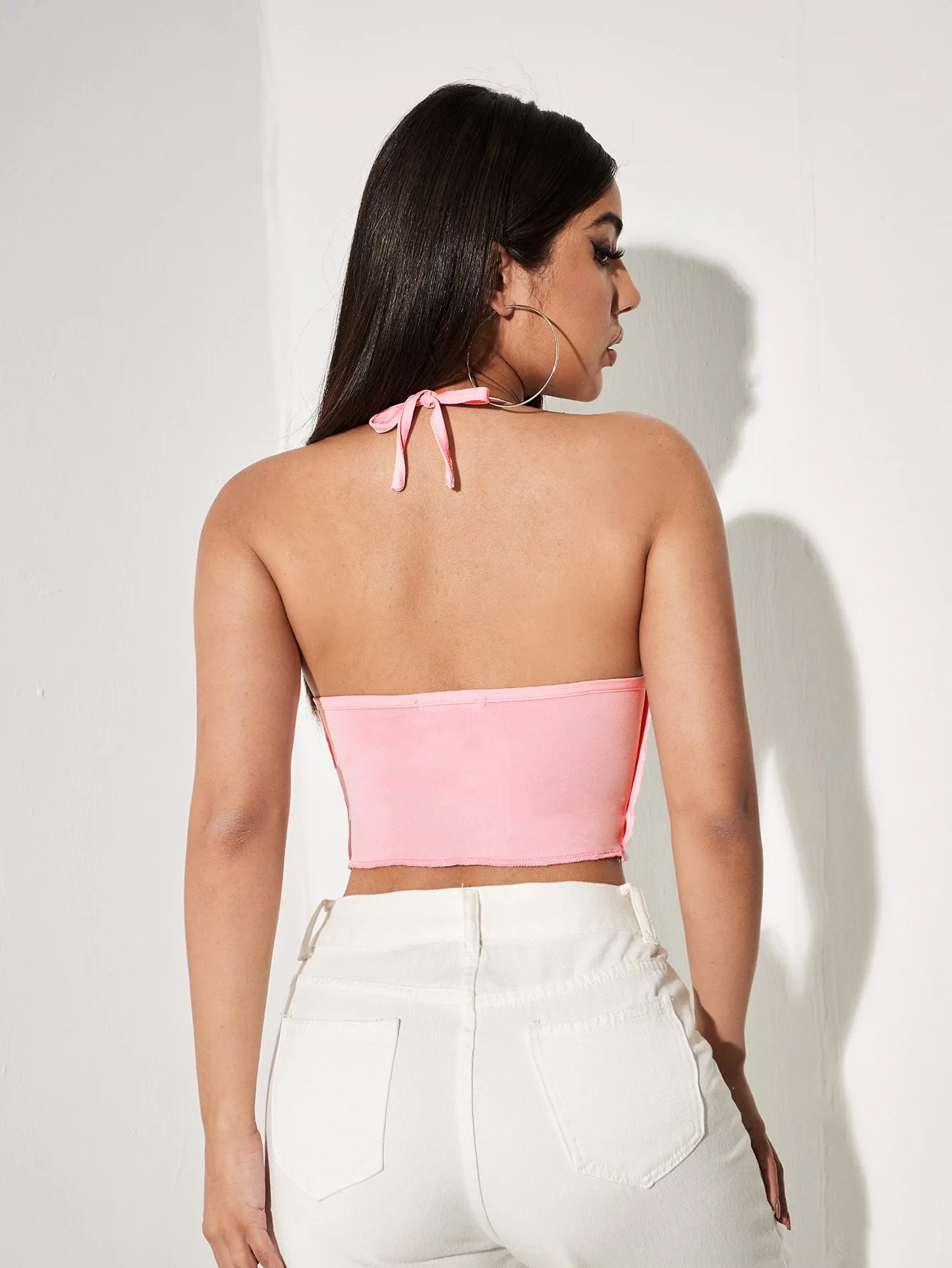 Tie Back Contrast Binding Colourblock Halter Top