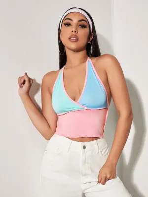 Tie Back Contrast Binding Colourblock Halter Top