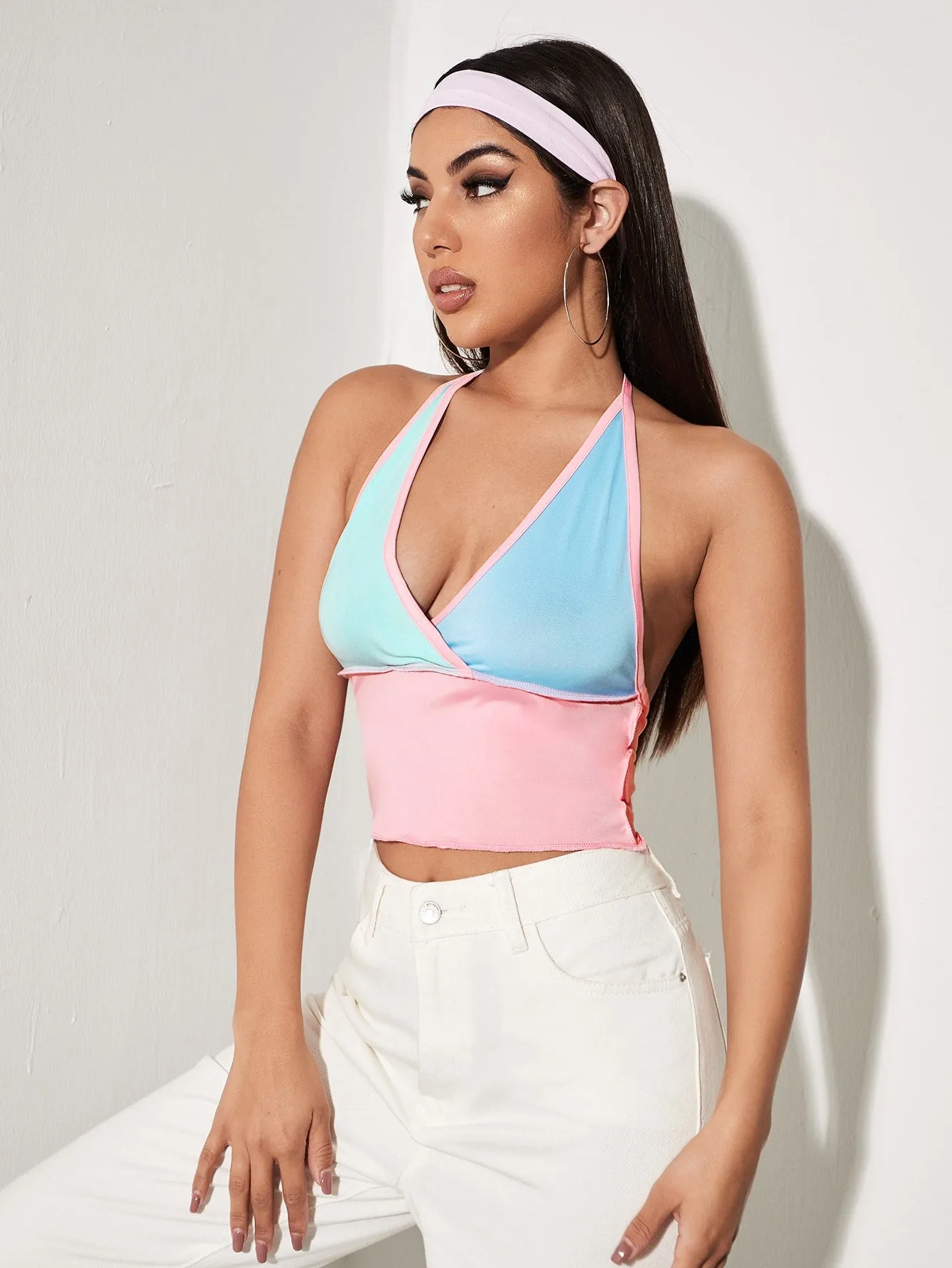 Tie Back Contrast Binding Colourblock Halter Top