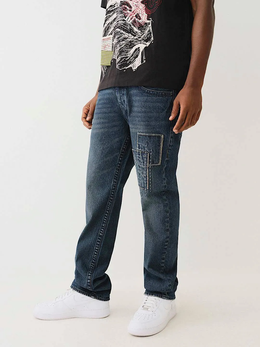 True Religion Men Blue Washed Straight Fit Mid-Rise Jeans